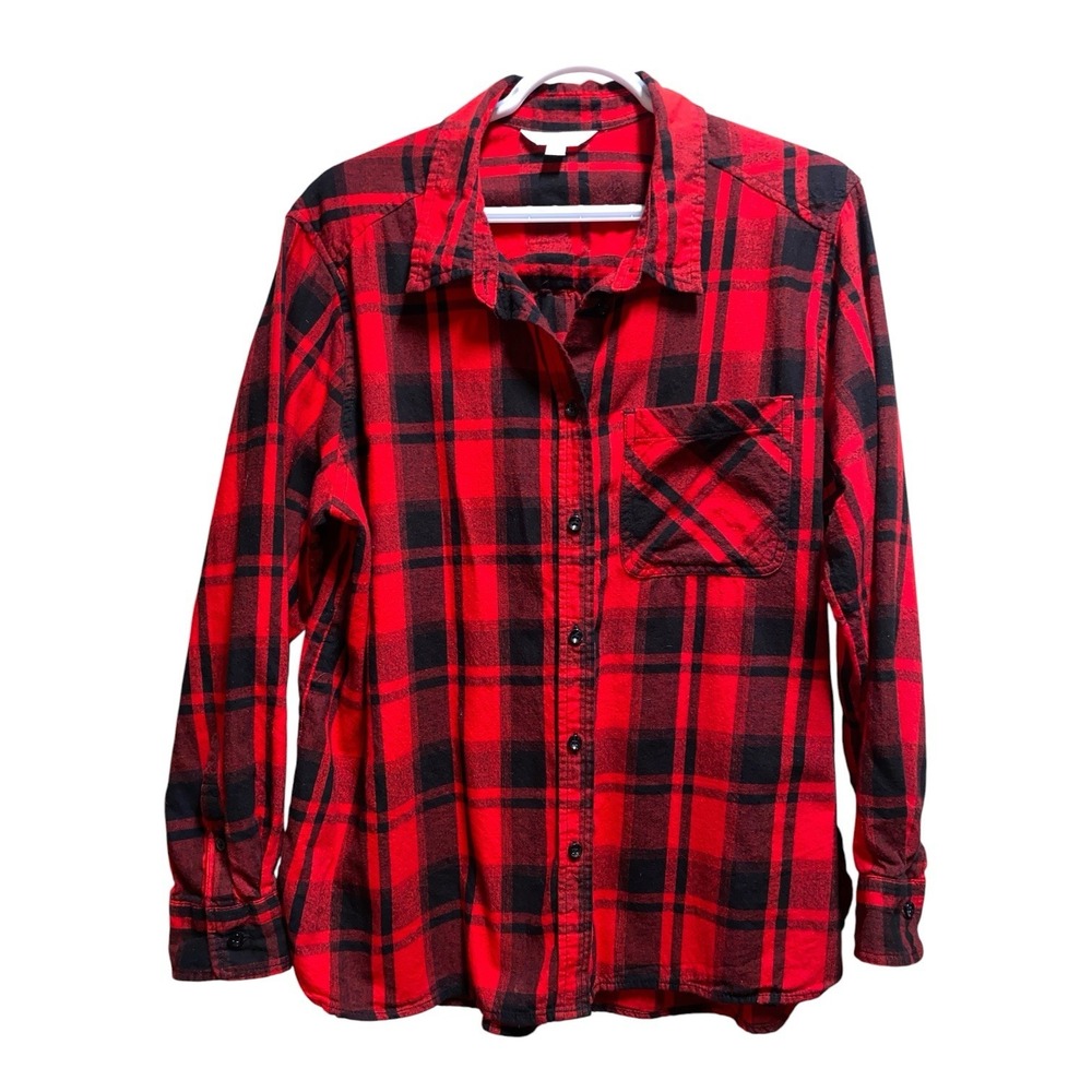 Time and Tru Womens XL Red Black Plaid Flannel Button Down Shirt 16-18